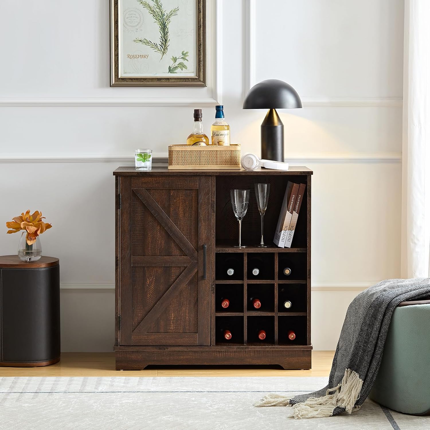 Home Bar Shelf - Farmhouse Bar Cabinet Wine Rack Glass
