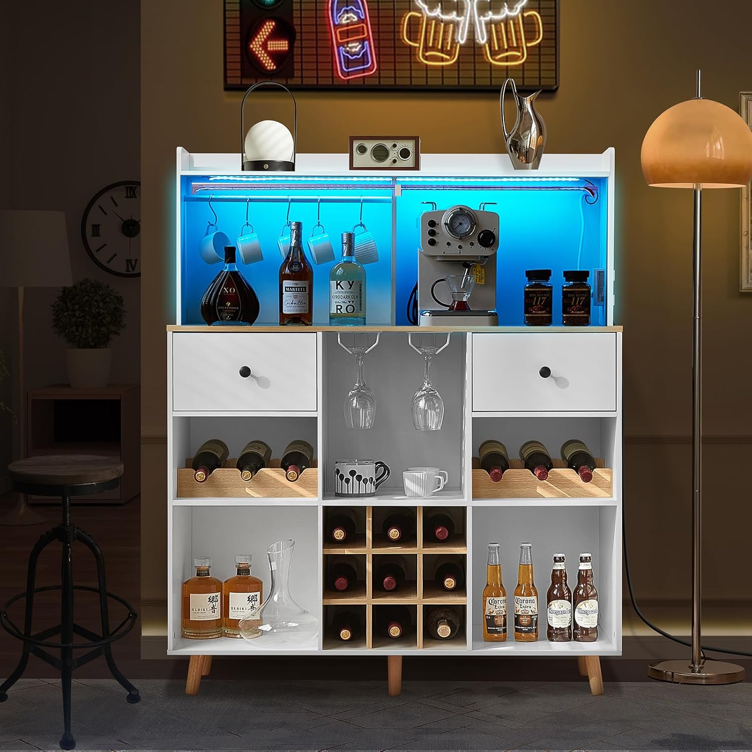 Home Bar Shelf - Wine Bar Cabinet with Power Outlet