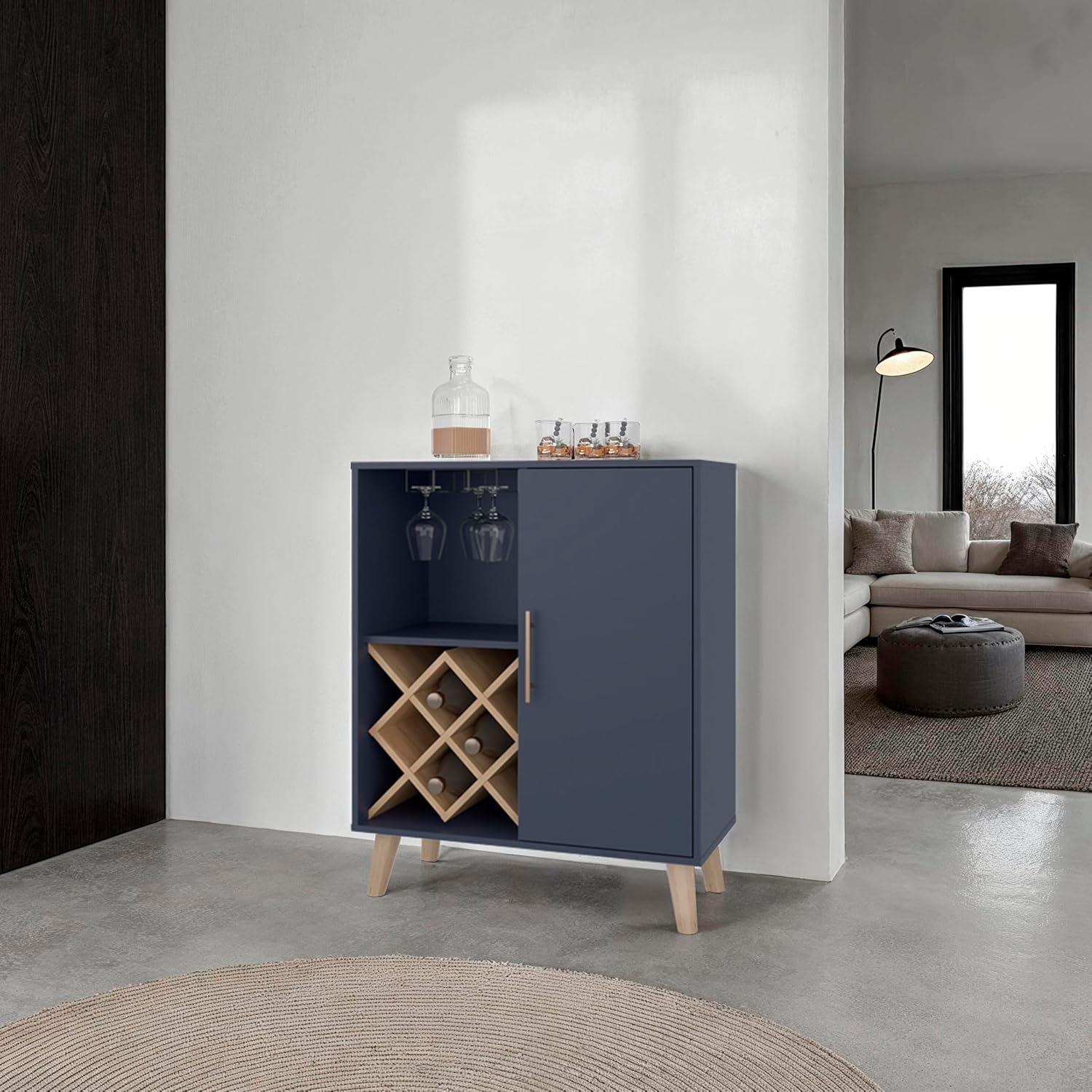 Home Bar Shelf - Oak Blue Bar Cabinet 4 Shelves