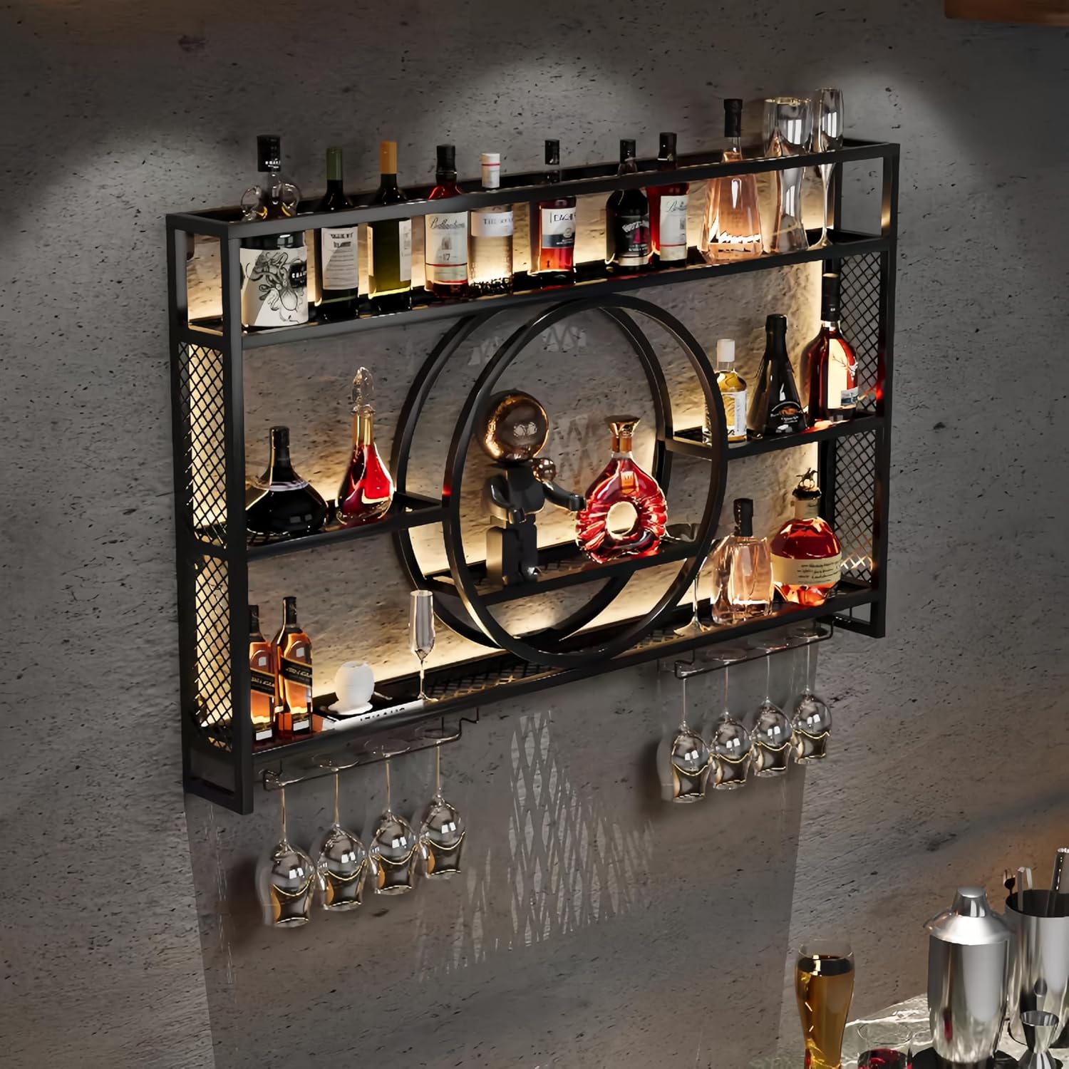 Black Metal Wall Mounted Wine  - đánh giá và giá Home Bar Shelf